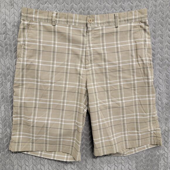 Nike Golf Shorts‎ Men's Size 36 Tan Beige Blue Plaid Dri-Fit Flat Front Pockets - Picture 1 of 9